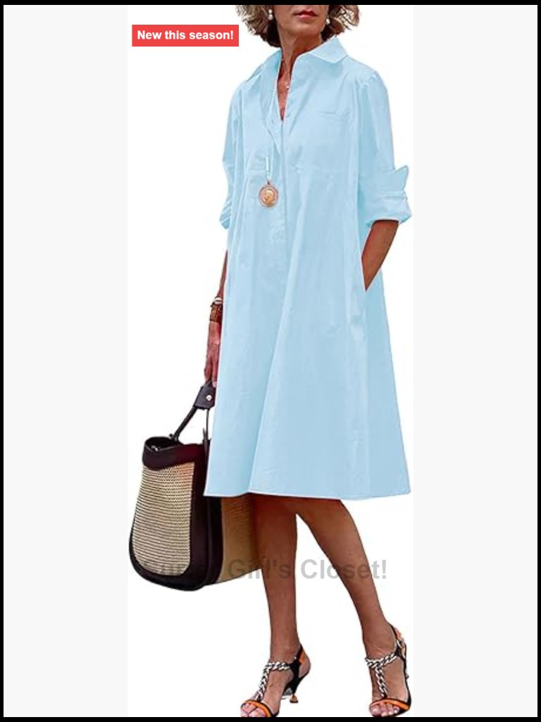 Women's Classic Button Down Shirt Dress Loose A-Line Midi Shift Tunic